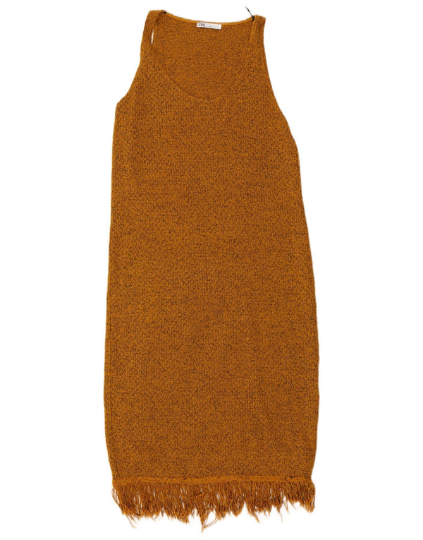 Zara Mujer Vestido Jersey Sin Mangas UK 40 Small Marrón Moteado