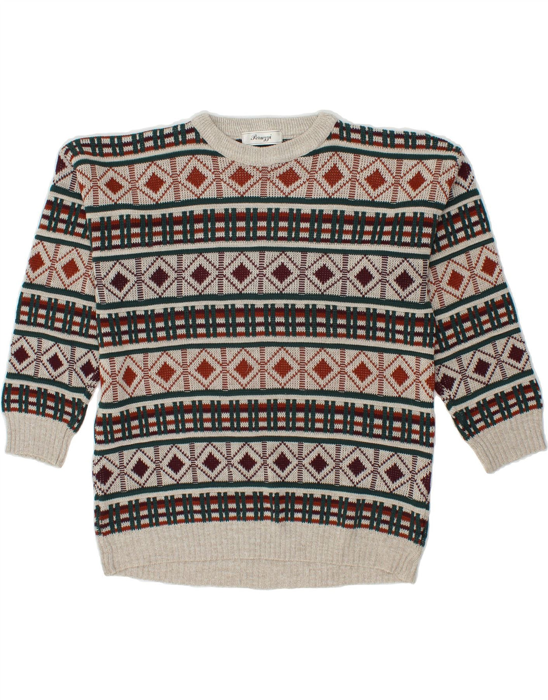 PERUZZI Mens Crew Neck Jumper Sweater Medium Grey Geometric Acrylic Vintage Peruzzi and Second-Hand Peruzzi from Messina Hembry 