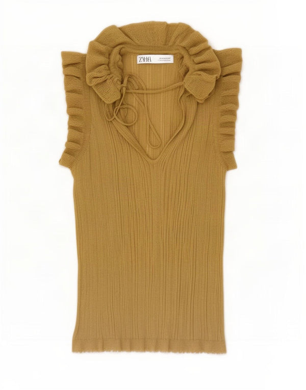 Zara Blusa Delantera Con Volantes Para Mujer UK 42 Viscosa Amarilla Mediana