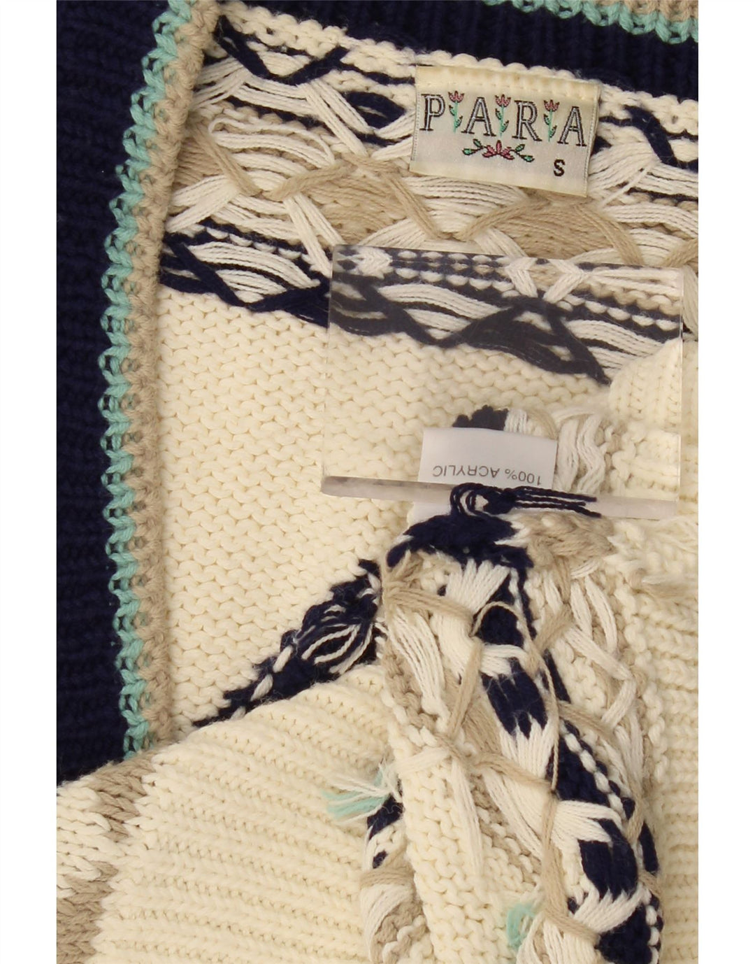 VINTAGE suéter cárdigan de gran tamaño para mujer Reino Unido 10 pequeño geométrico blanco apagado