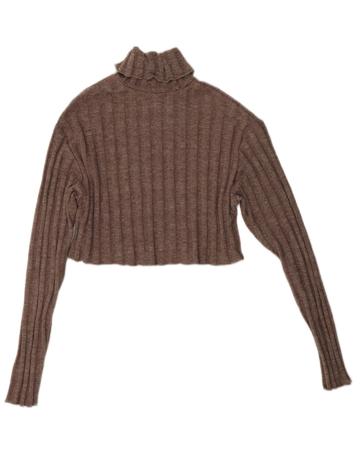 ZARA Mujer Crop Roll Neck Jumper Sweater UK 10 Small Marrón Poliéster