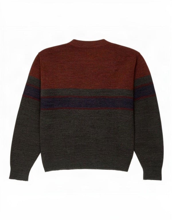Vintage hombres cuello redondo jersey suéter XL gris colorblock acrílico