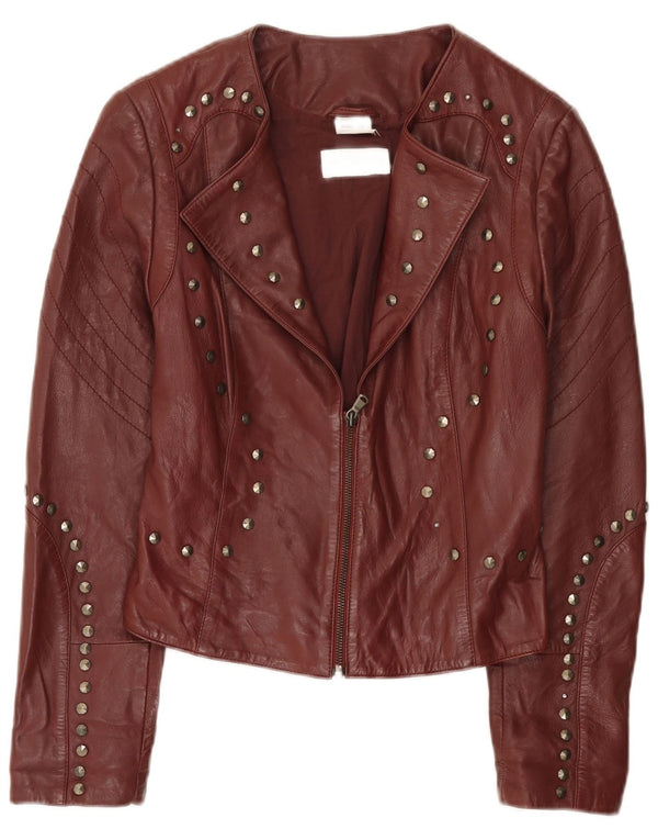 Amy Vermont Chaqueta motera de cuero para mujer EU 38 Medio Borgoña manchado
