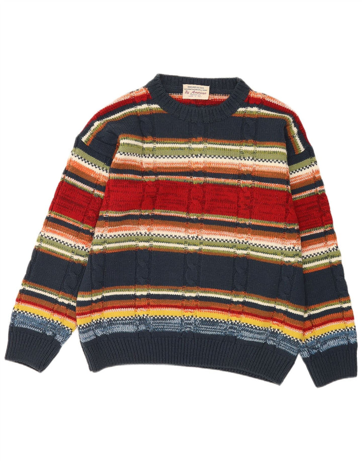 Vintage hombres cuello redondo jersey suéter medio multicolor rayas
