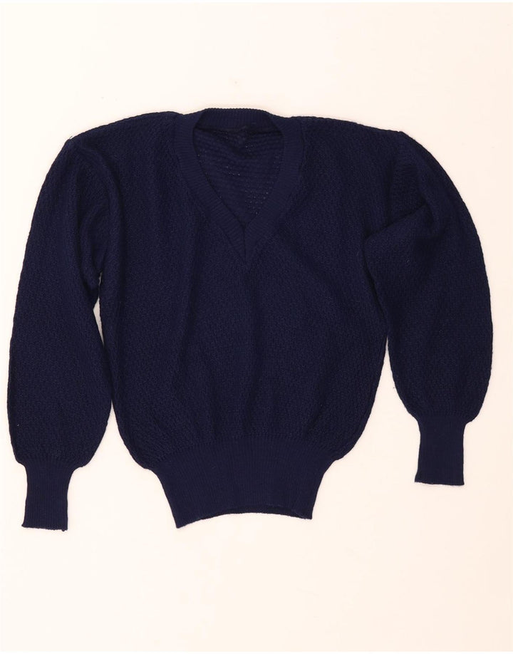 VINTAGE suéter de jersey con cuello en V para mujer IT 46 Acrílico azul marino grande