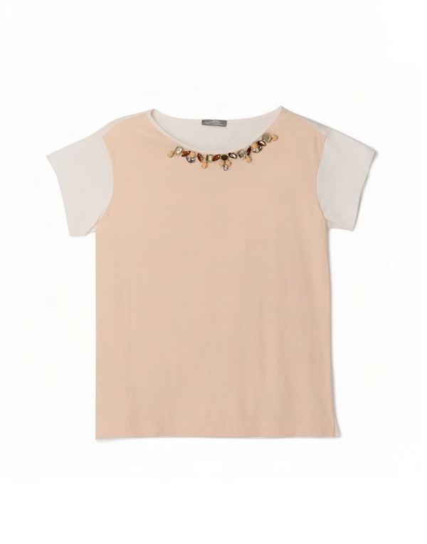 Zara Mujer Camiseta Top UK 40 Medium Blanco Colorblock Viscosa
