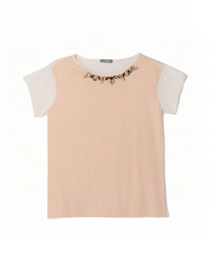 Zara Mujer Camiseta Top UK 40 Medium Blanco Colorblock Viscosa