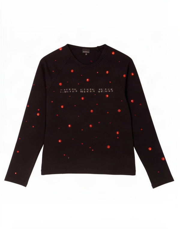Calvin Klein Jeans Mujer Gráfico Top Manga Larga UK 12 Mediano Negro