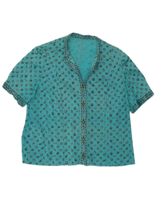Vintage mujer camisa de manga corta blusa Reino Unido 18 XL turquesa geométrica