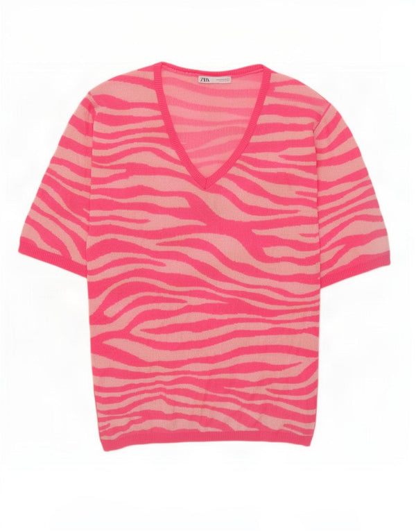 Zara Jersey con Cuello en V para Mujer UK 44 Estampado Animal Rosa Mediano