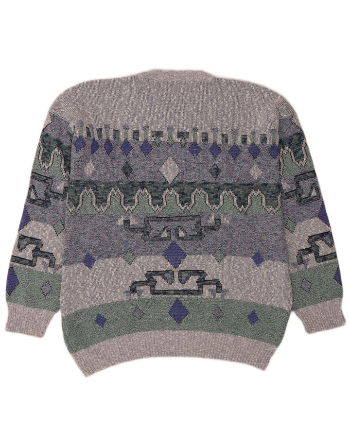 Vintage hombres cuello redondo jersey suéter grande azul geométrico