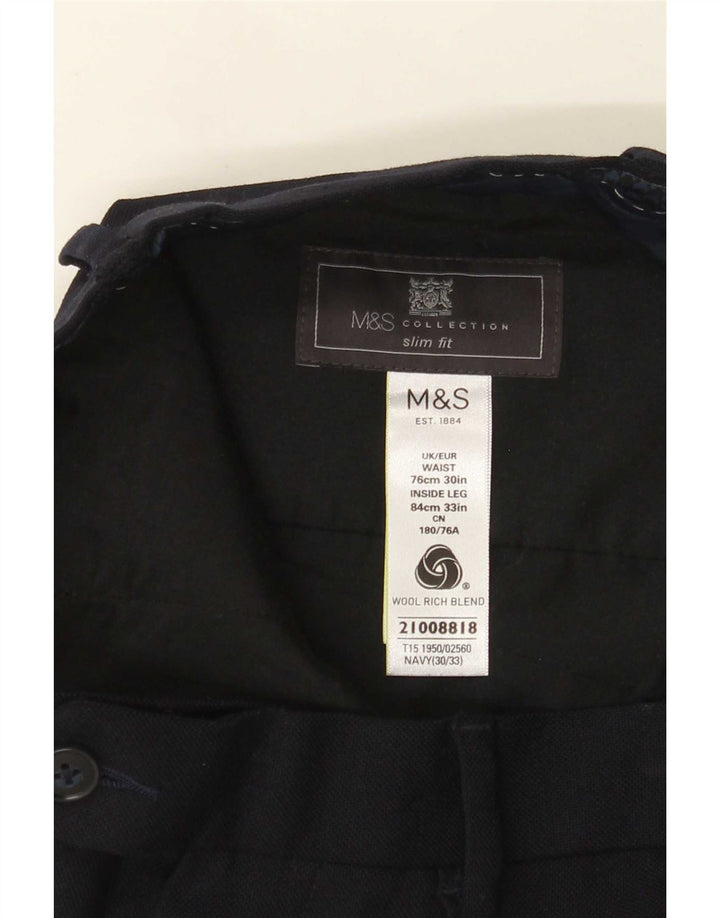 Marks & Spencer Pantalón de traje ajustado para hombre W30 L33 Lana azul marino