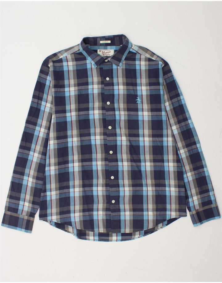 PENGUIN Camisa de corte clásico para hombre de algodón a cuadros azul marino grande