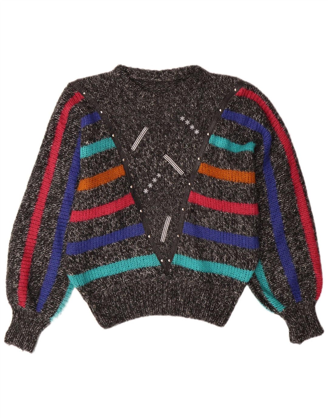 VINTAGE Mujer Batwing Crew Neck Jumper Suéter Reino Unido 14 Rayas Gris Medio