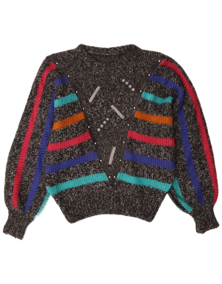 VINTAGE Mujer Batwing Crew Neck Jumper Suéter Reino Unido 14 Rayas Gris Medio