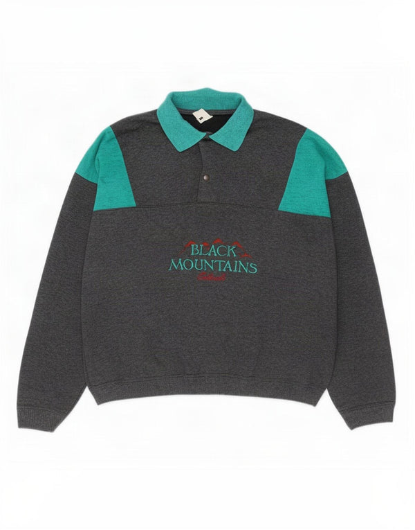Vintage Mens Graphic Polo Neck Sweatshirt Jumper 2XL Grey Colourblock