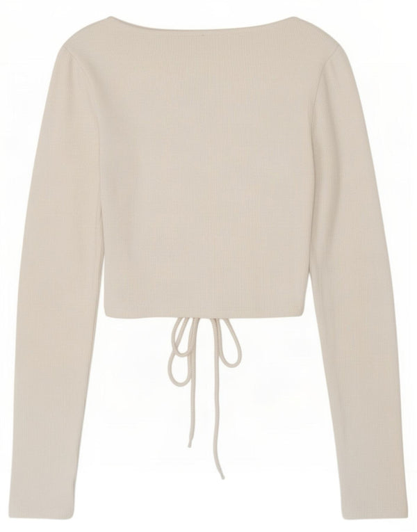 Zara Mujer Top Corto Con Lazo Frontal Manga Larga UK 10 Small Algodón Blanco