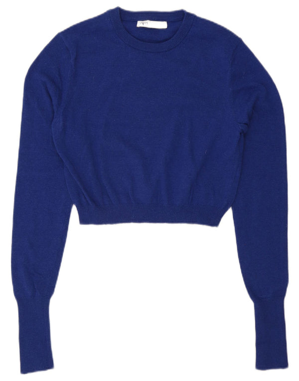 Zara - Jersey corto con cuello redondo para mujer, talla 40, color azul medio
