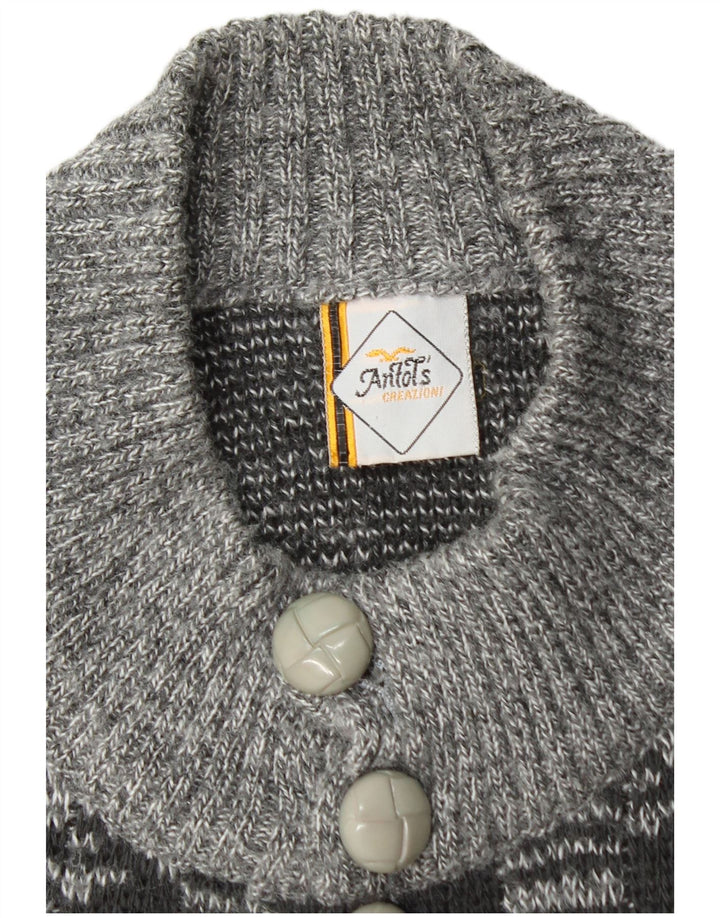 Vintage hombres Cardigan suéter medio gris geométrico acrílico
