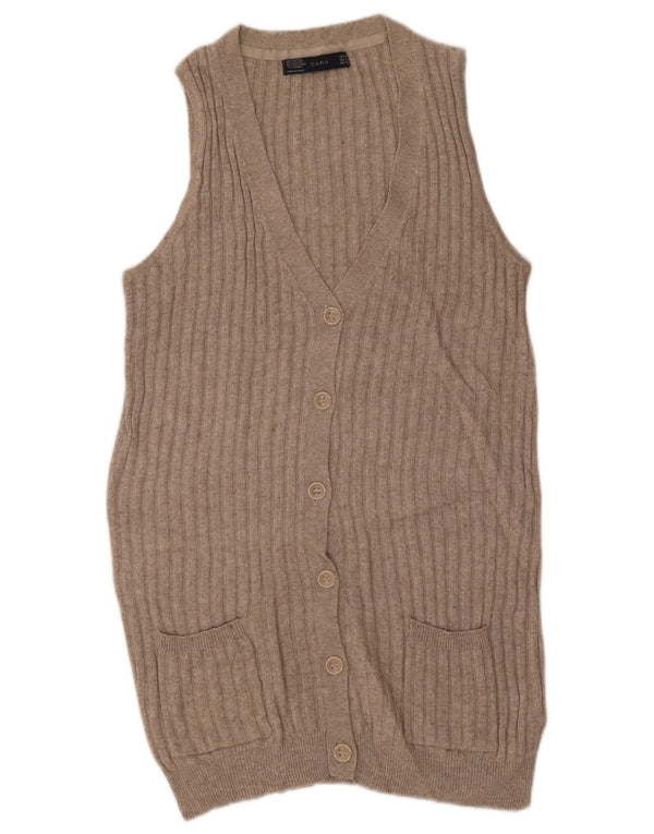 Zara Cárdigan Largo Sin Mangas para Mujer UK 44 Algodón Beige Medio