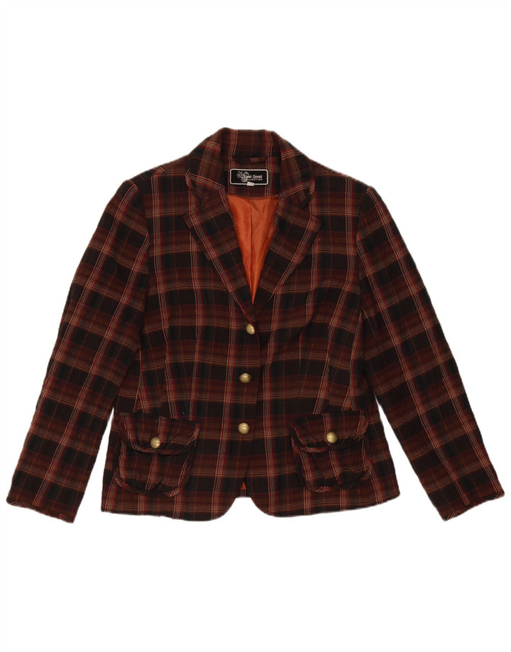 Vintage mujer 3 botones Blazer chaqueta EU 40 marrón medio comprobar poliéster