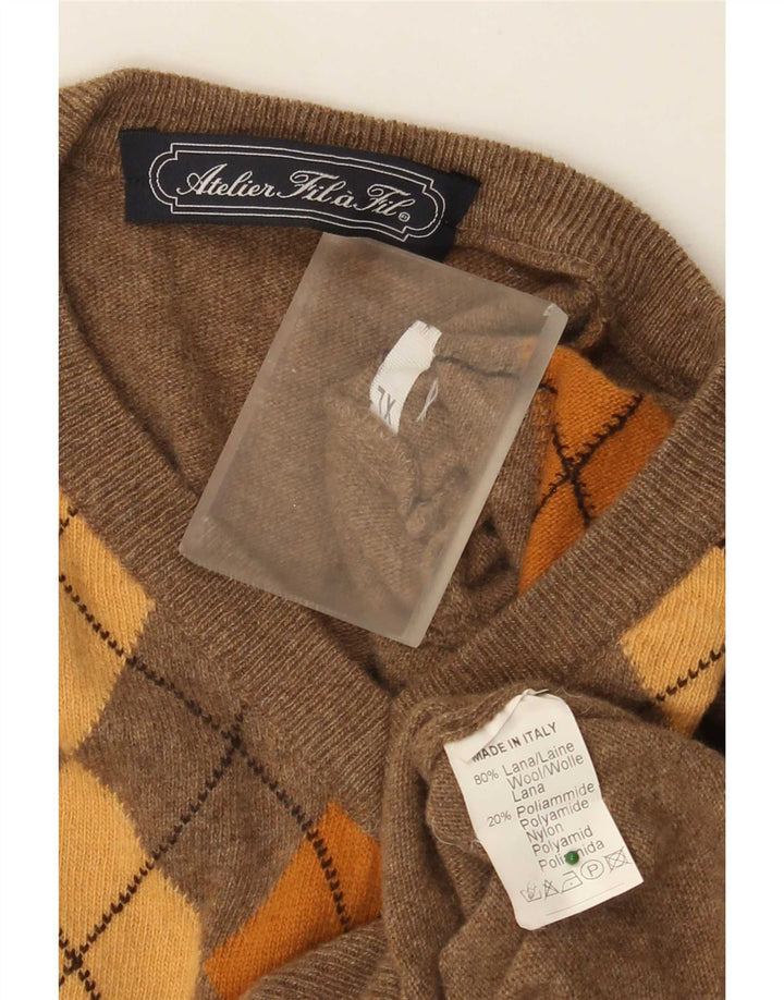 Vintage hombres V-cuello jumper suéter XL marrón Argyle/lana de diamante