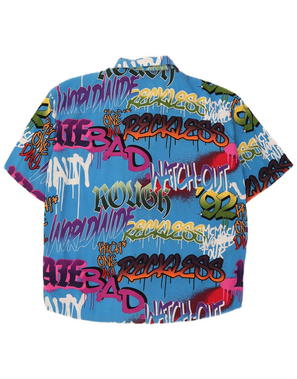 VINTAGE Camisa de manga corta con gráfico extragrande para hombre Bloque de color azul pequeño
