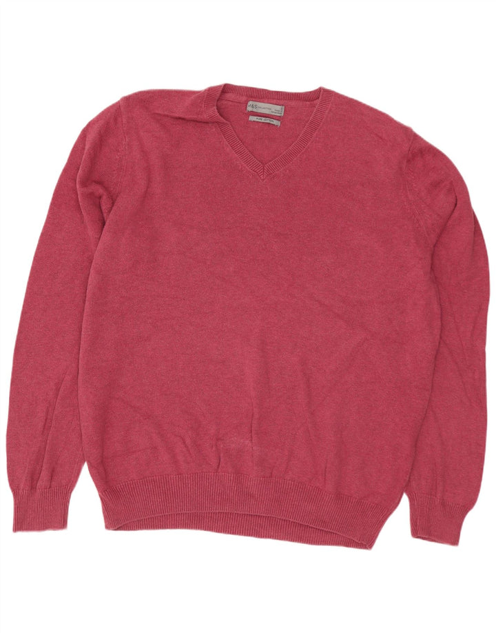 MARKS & SPENCER Jersey con cuello en V para hombre, talla grande, algodón rosa