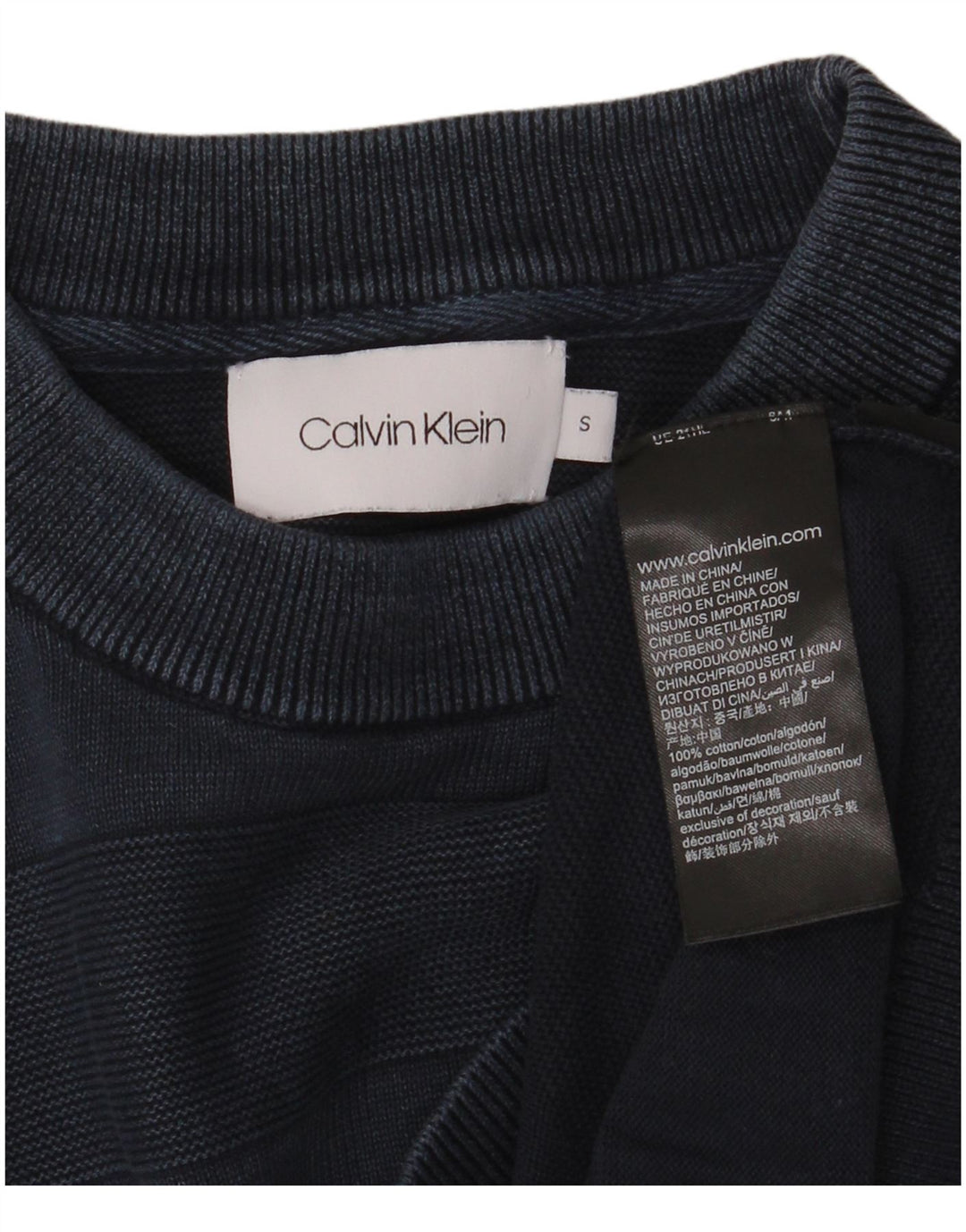 CALVIN KLEIN Jersey de cuello redondo para hombre pequeño de algodón a rayas azul marino
