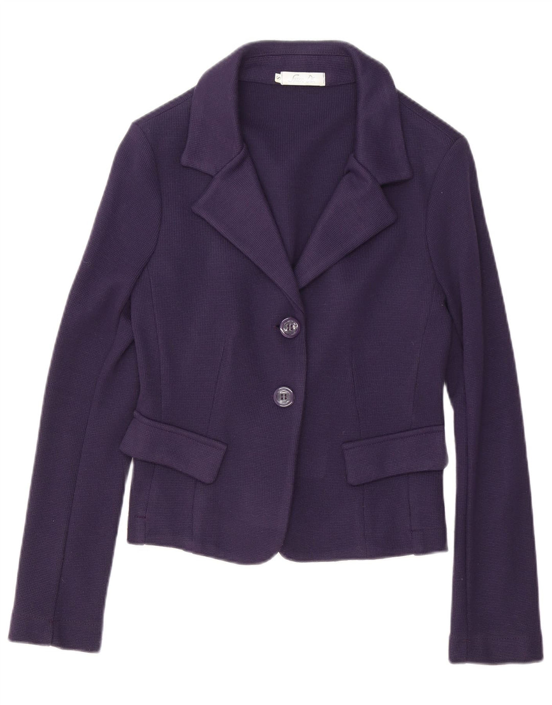 Vintage mujer punto 2 botón Blazer chaqueta Reino Unido 10 pequeño poliéster púrpura