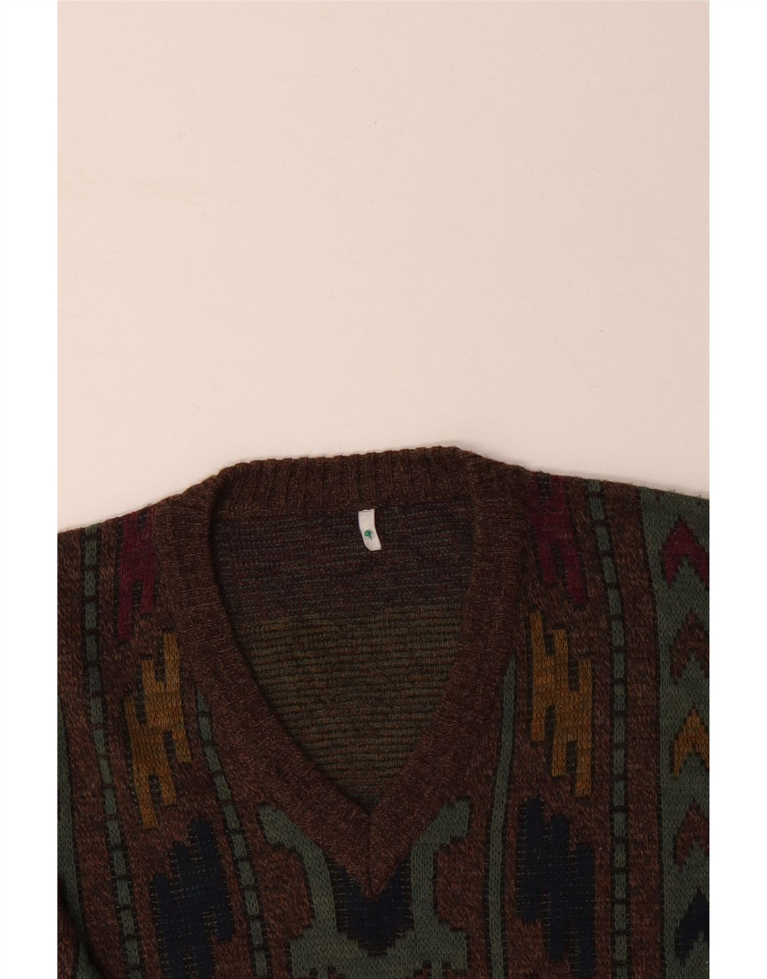 VINTAGE Jersey con cuello en V para hombre IT 50 Marrón medio Geométrico