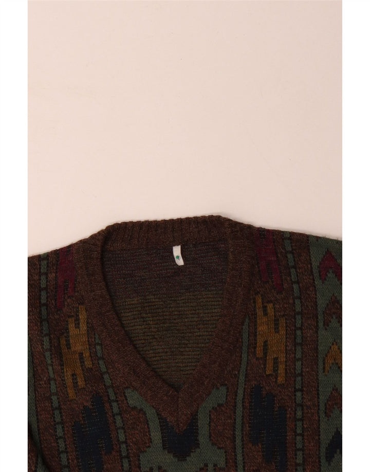 VINTAGE Jersey con cuello en V para hombre IT 50 Marrón medio Geométrico