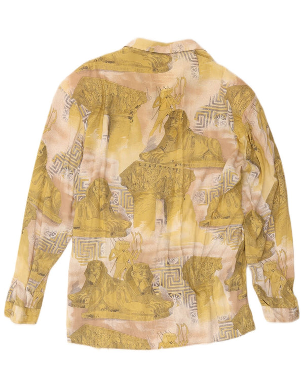 Vintage mujer patrón abstracto camisa blusa Reino Unido 16 amarillo grande