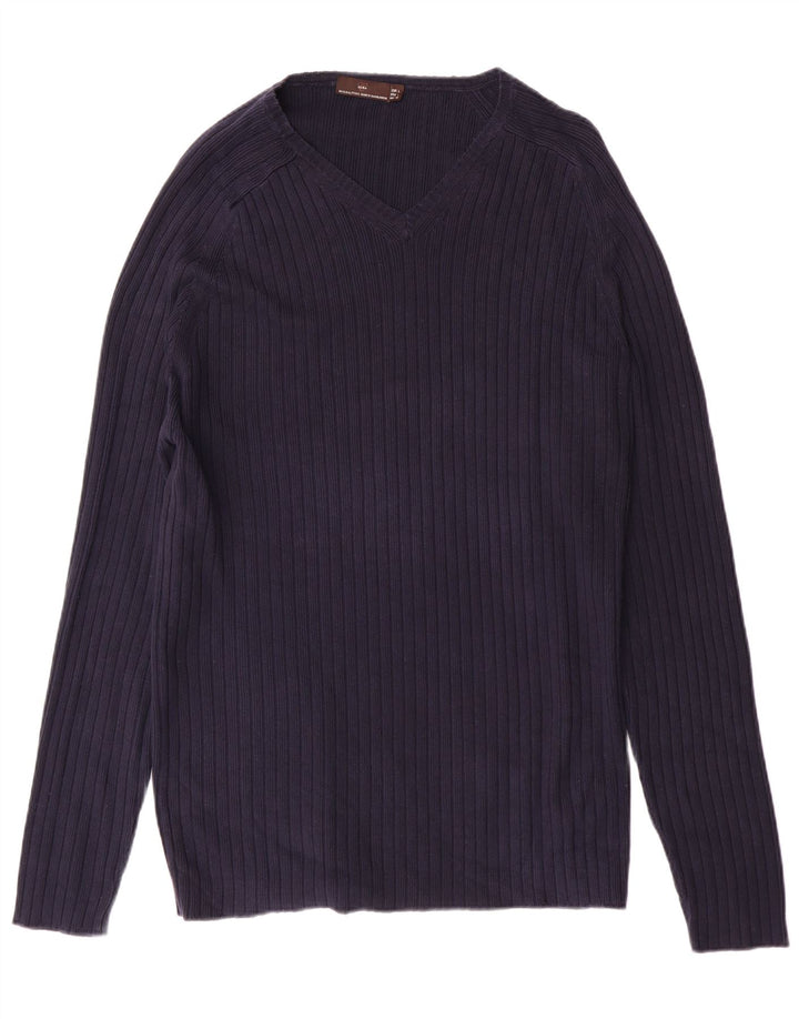 Zara Hombre Jersey Con Cuello En V Jersey Grande Azul Marino Algodón