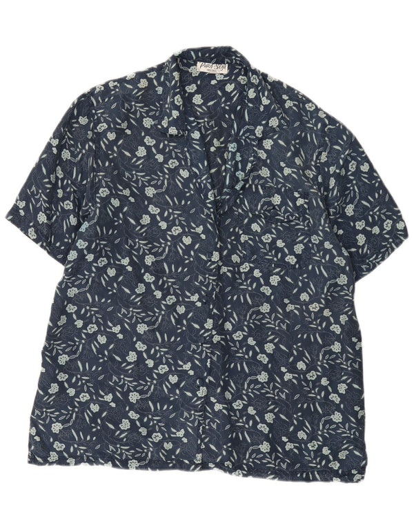 Vintage mujer camisa de manga corta blusa Reino Unido 14 seda floral azul marino medio