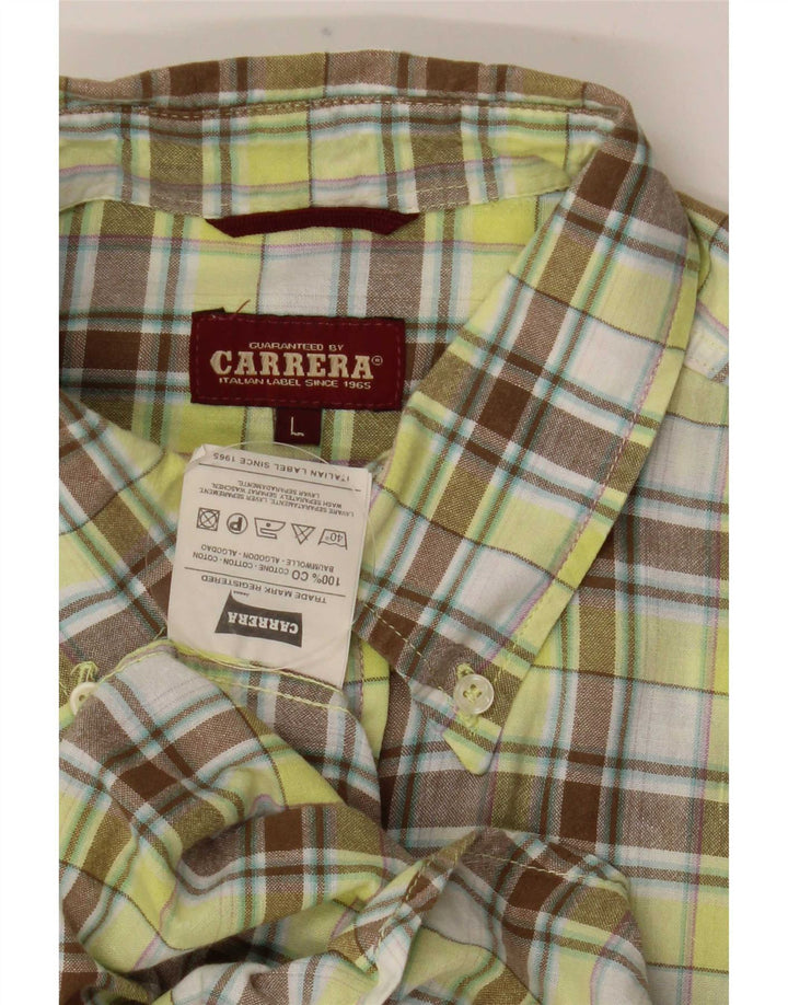 Carrera Camisa de manga corta para hombre de algodón a cuadros verdes grandes