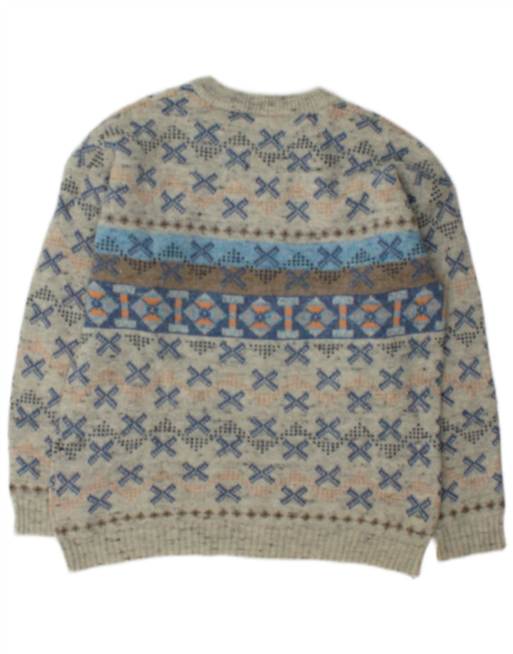 Vintage hombres barco cuello jumper suéter gris medio lana geométrica