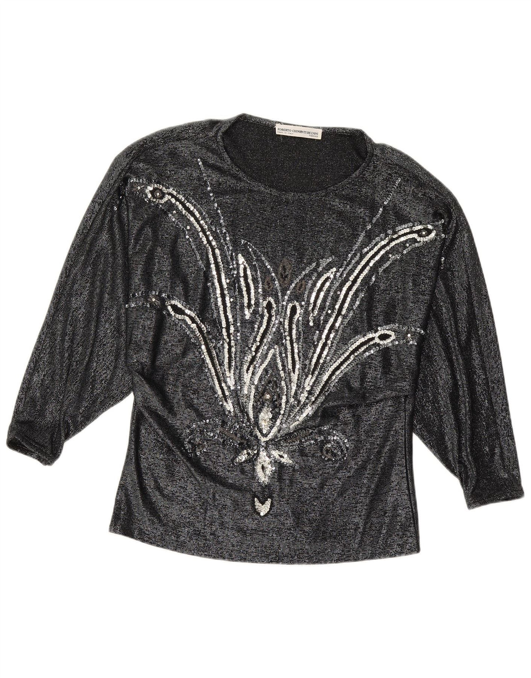 VINTAGE Blusa de manga larga para mujer Top IT 42 Viscosa floral negra mediana
