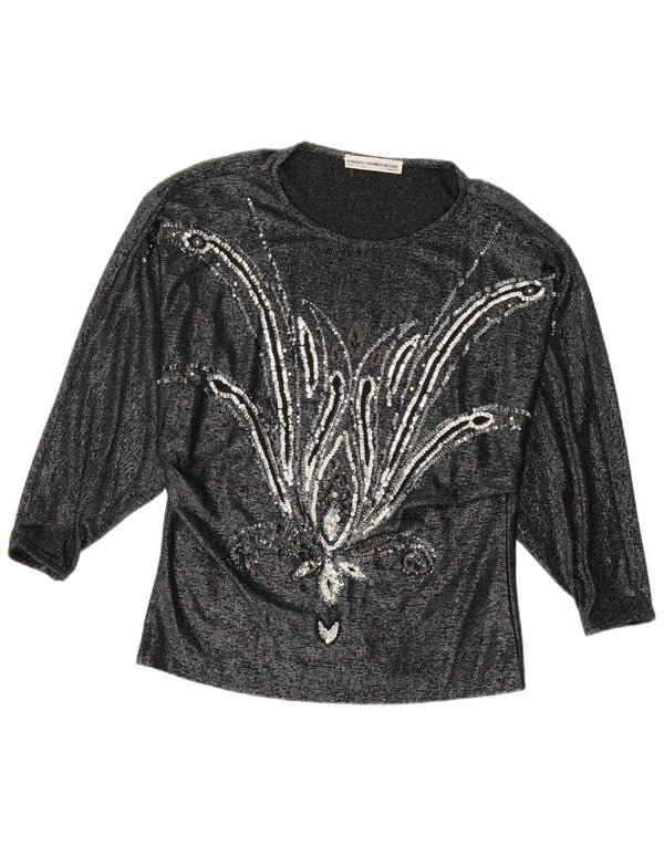 VINTAGE Blusa de manga larga para mujer Top IT 42 Viscosa floral negra mediana