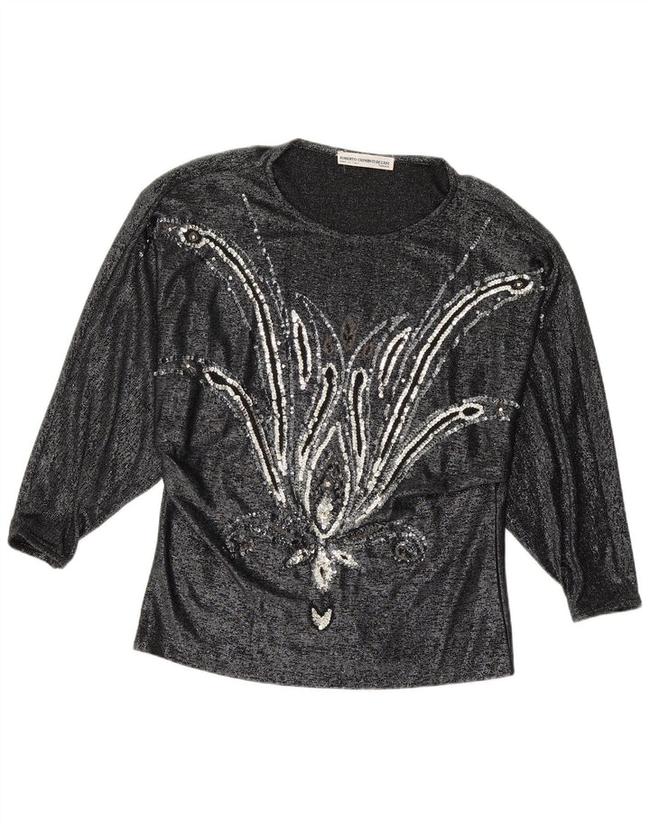 VINTAGE Blusa de manga larga para mujer Top IT 42 Viscosa floral negra mediana