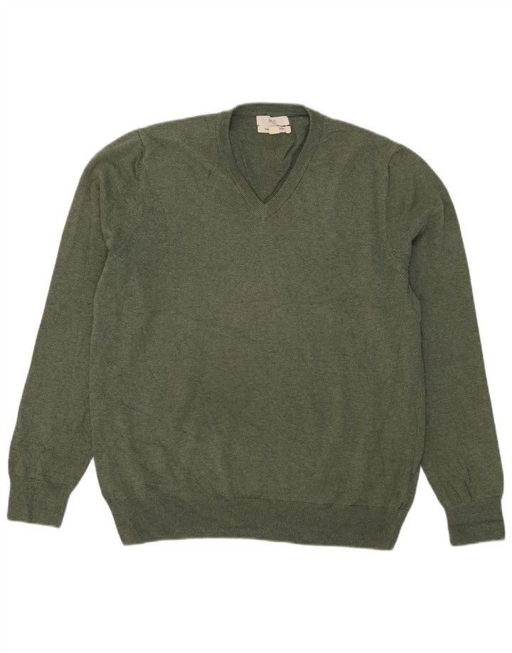 Marks & Spencer Jersey con cuello en V para hombre, talla grande, algodón verde