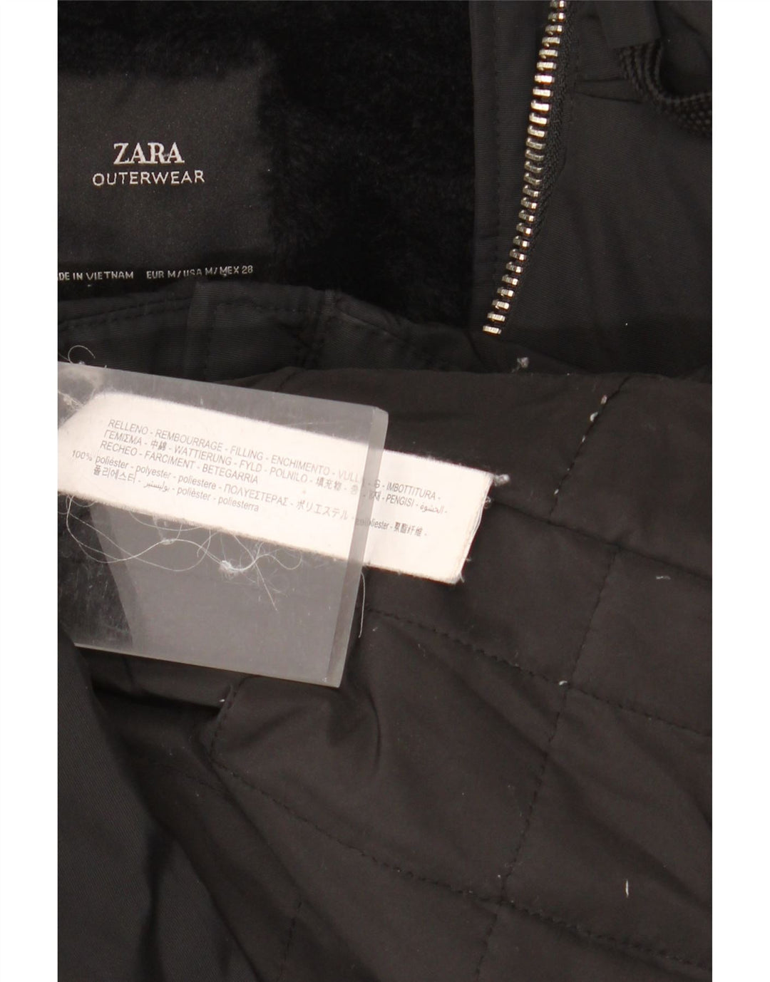 ZARA Abrigo cortavientos Sherpa con capucha para mujer UK 44 Mediano Negro Poliéster