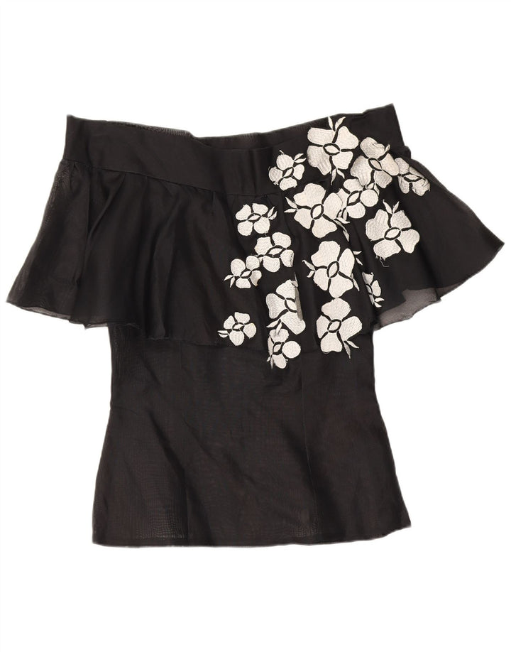 Vintage mujeres fuera del hombro Top Reino Unido 10 Pequeño Negro Floral