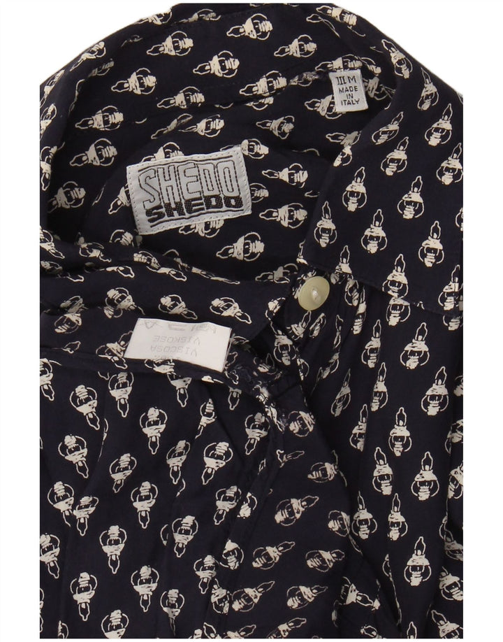 VINTAGE Camisa de manga corta con estampado abstracto para hombre Viscosa azul marino medio