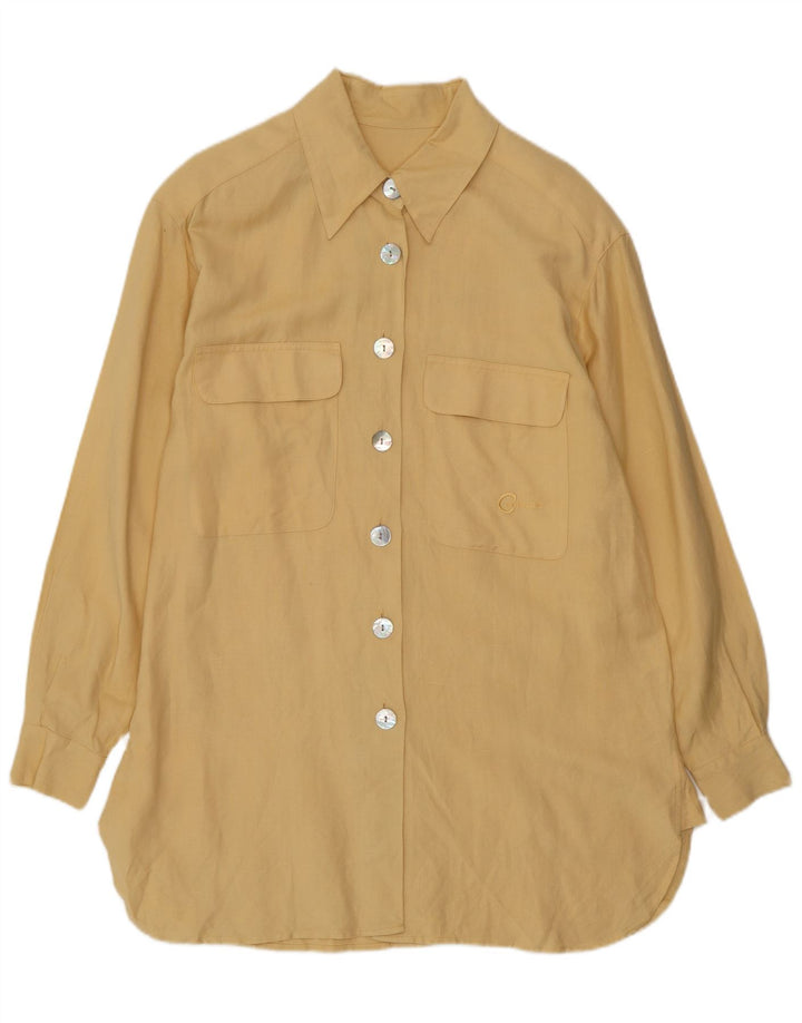 Vintage mujer manga larga camisa larga EU 38 lino amarillo medio