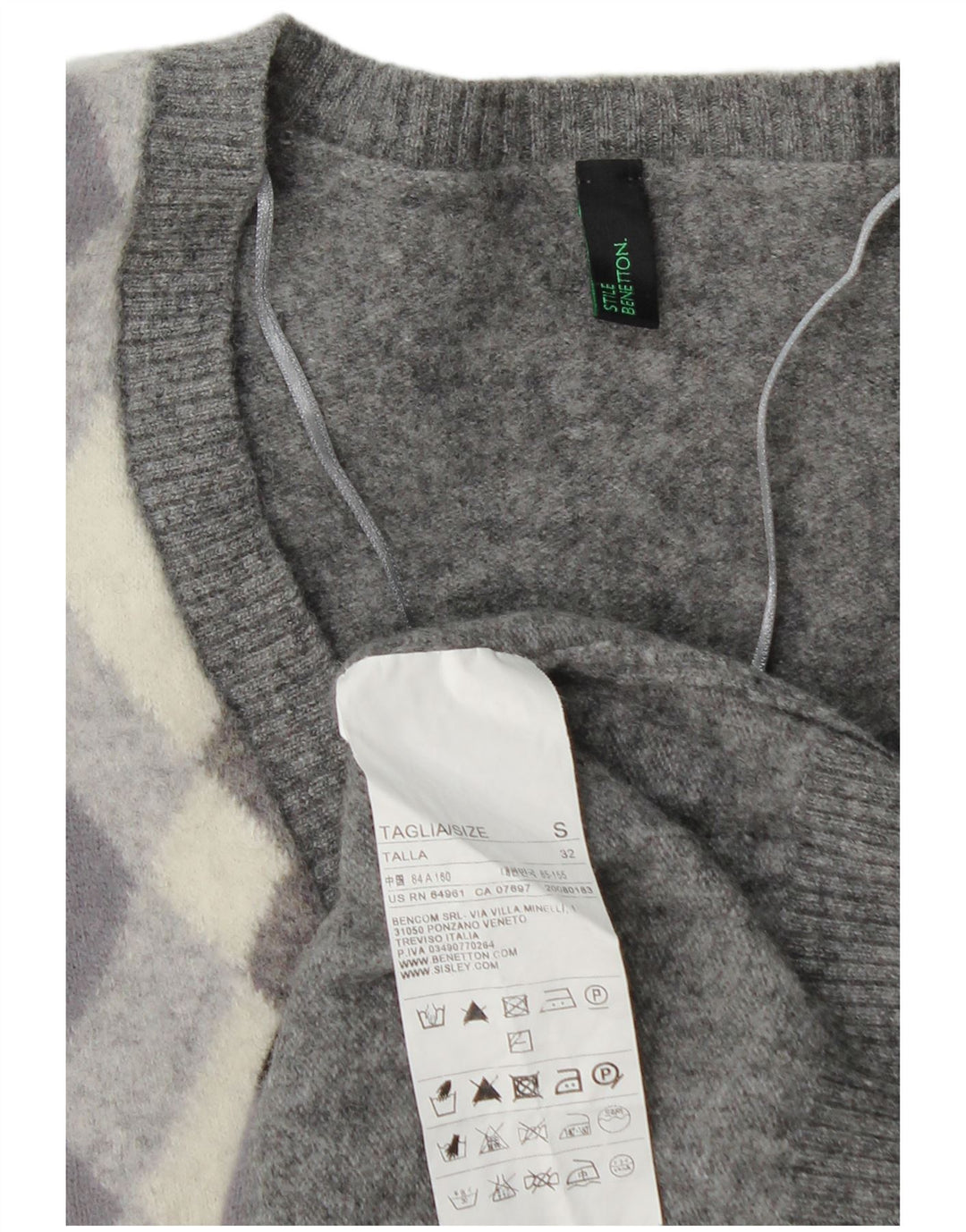 BENETTON Suéter con cuello en V para mujer UK 10 Small Grey Argyle/Diamond Wool