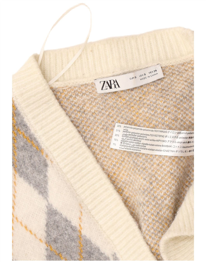 Zara Suéter tipo cárdigan extragrande para mujer Reino Unido 10 Small Off White Argyle/Diamond