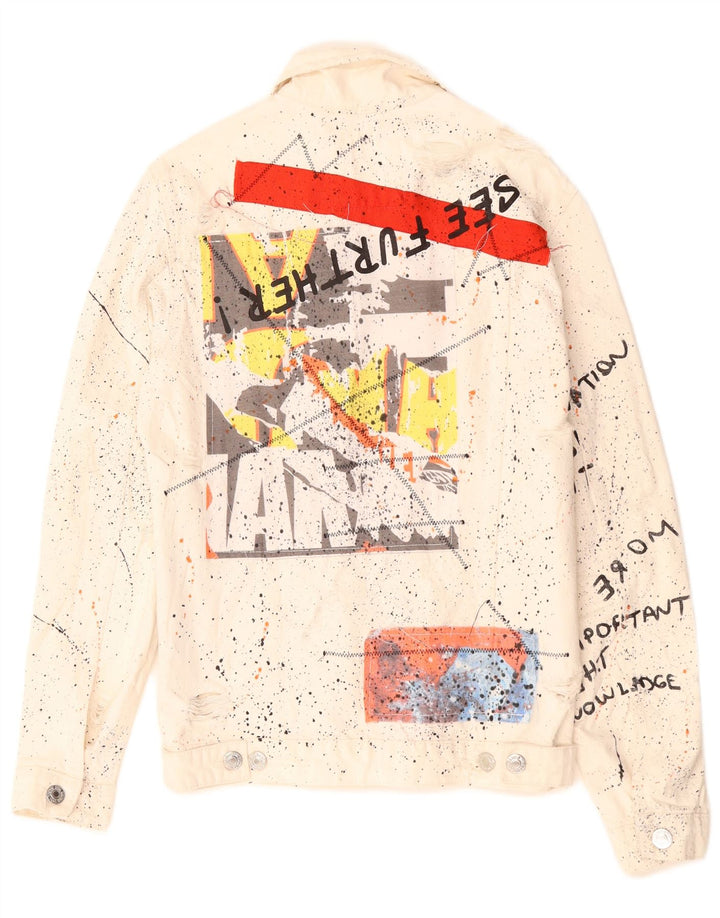 Zara Mens Graphic Denim Jacket UK 36 Small Algodón moteado blanco