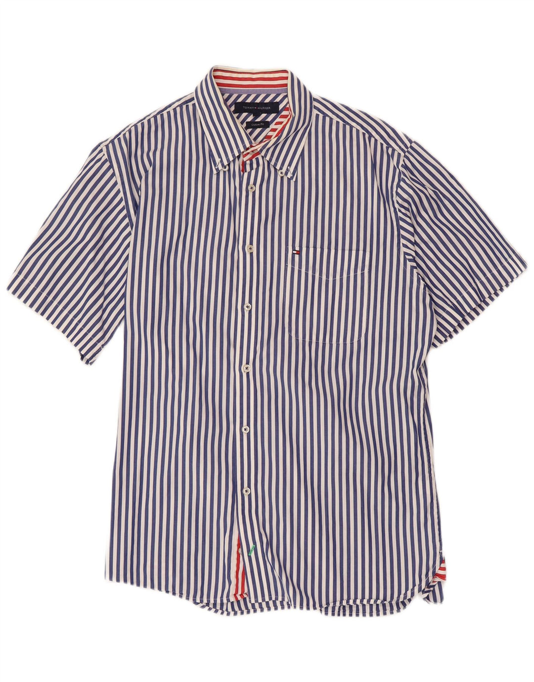 TOMMY HILFIGER Camisa de manga corta con ajuste personalizado para hombre, talla grande, azul marino, a rayas