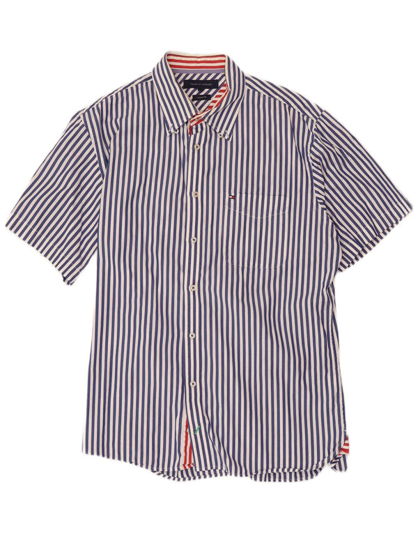 TOMMY HILFIGER Camisa de manga corta con ajuste personalizado para hombre, talla grande, azul marino, a rayas
